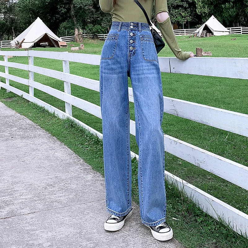 

High Waist Wide Leg Pants Mom Jeans Row Buckle Straight Loose Mopping Fashion Baggy Jeans Cargo Pants Women Fall 2020 Women