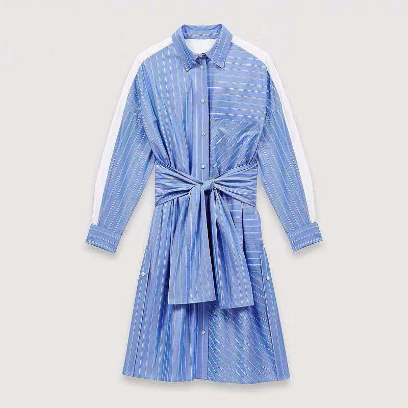

New 2020 Spring Summer Minimalist Simple Stripe Patchwork Self Belted Loose and Comfortable Temperament Women Shirt Dress