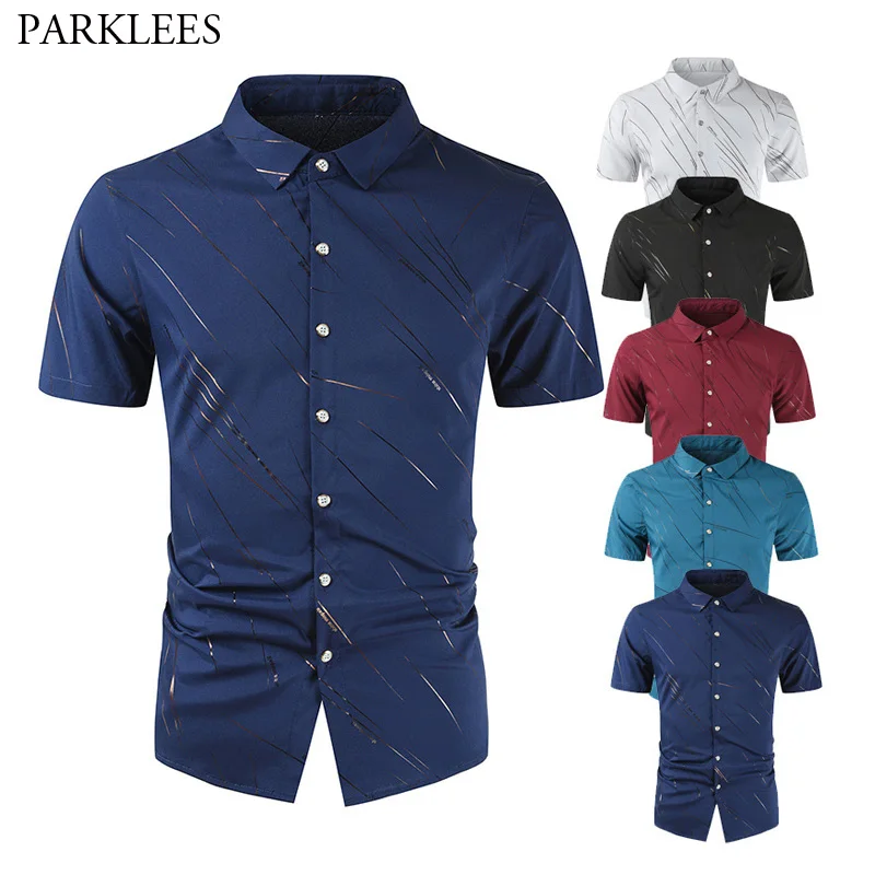 

Men Silk Shirt Irregular Line Print Mens Shirts Button Slim Fit Men Clothing Summer Casual Business Men Dress Shirt Short Sleeve