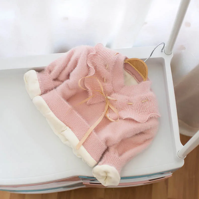 Pink Plush Детский свитер на осень и зиму, Модный милый теплый пуловер с галстуком-бабочкой для девочек Вязаный Свитер ярких цветов с круглым вырезом - Цвет: Pink Plush