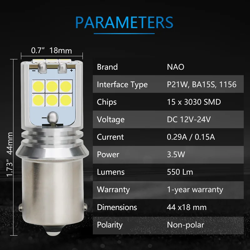 NAO P21W BA15S лампы 12V 24V светодиодный Автомобиль 1156 белый S25 для авто тормоз Габаритные огни 6000K 15 3030 чип Поворотная сигнальная лампа DRL