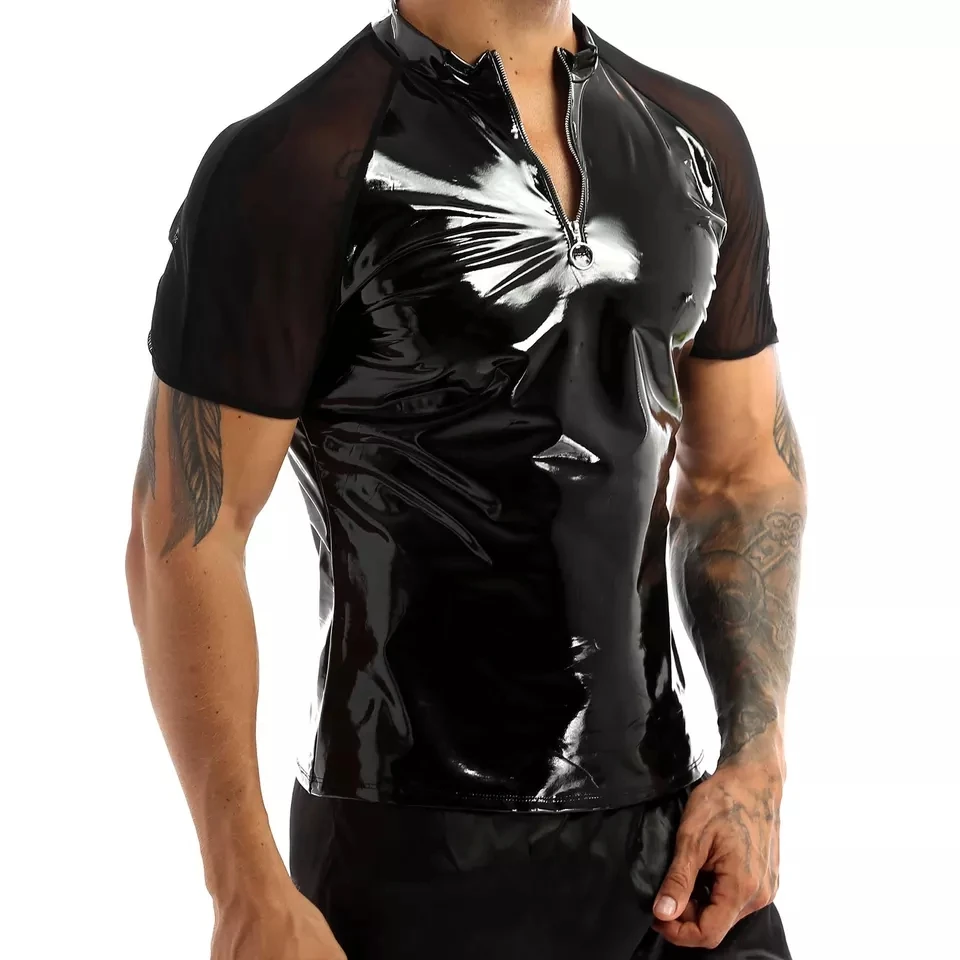 Mens Sexy Shiny Leather T-Shirt Erotic Sheath Wetlook Latex Coat Male Glossy Metallic PVC Leather Jacket Porn Short-sleeved Tops sports jersey