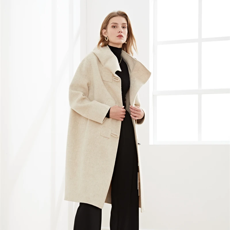 

Winter 2020 Women's Medium And Long Hooded High Collar Ox Horn Button Wool Coat Double Faced Woolen Coat