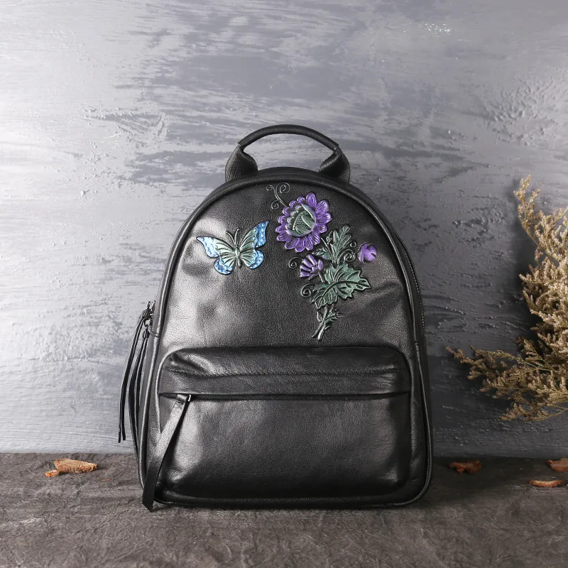 

P-F bag Women Simple Casual Genuine Leather Backpacks Teenage Girls Zipper Shoulder Bags Travel School Rucksack Black packbag