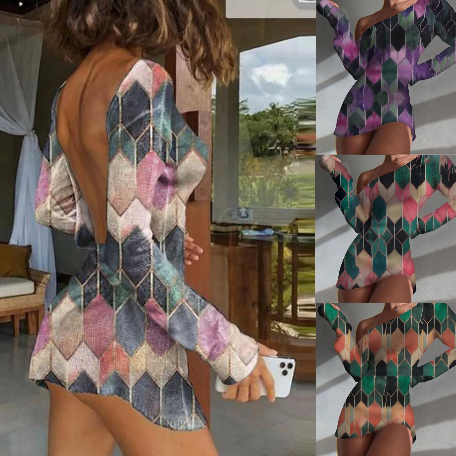 Summer Women's Sexy Miniskirt Round Neck Long Sleeve Open Backpack Hip Slim Dress Ladies Vintage Printed Robe Vestido De Mujer 1