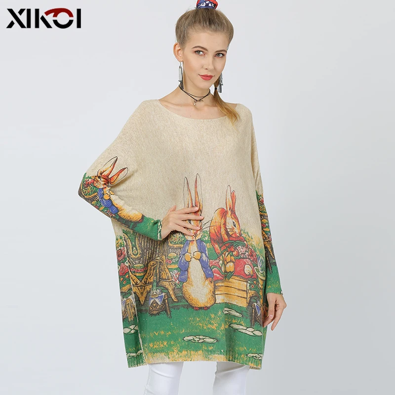 Apricot XIKOI, Женский вязаный свитер с милым Кроликом, зимнее теплое шерстяное платье, пуловер с вырезом лодочкой, женский джемпер с животным принтом, Новинка - Цвет: Apricot
