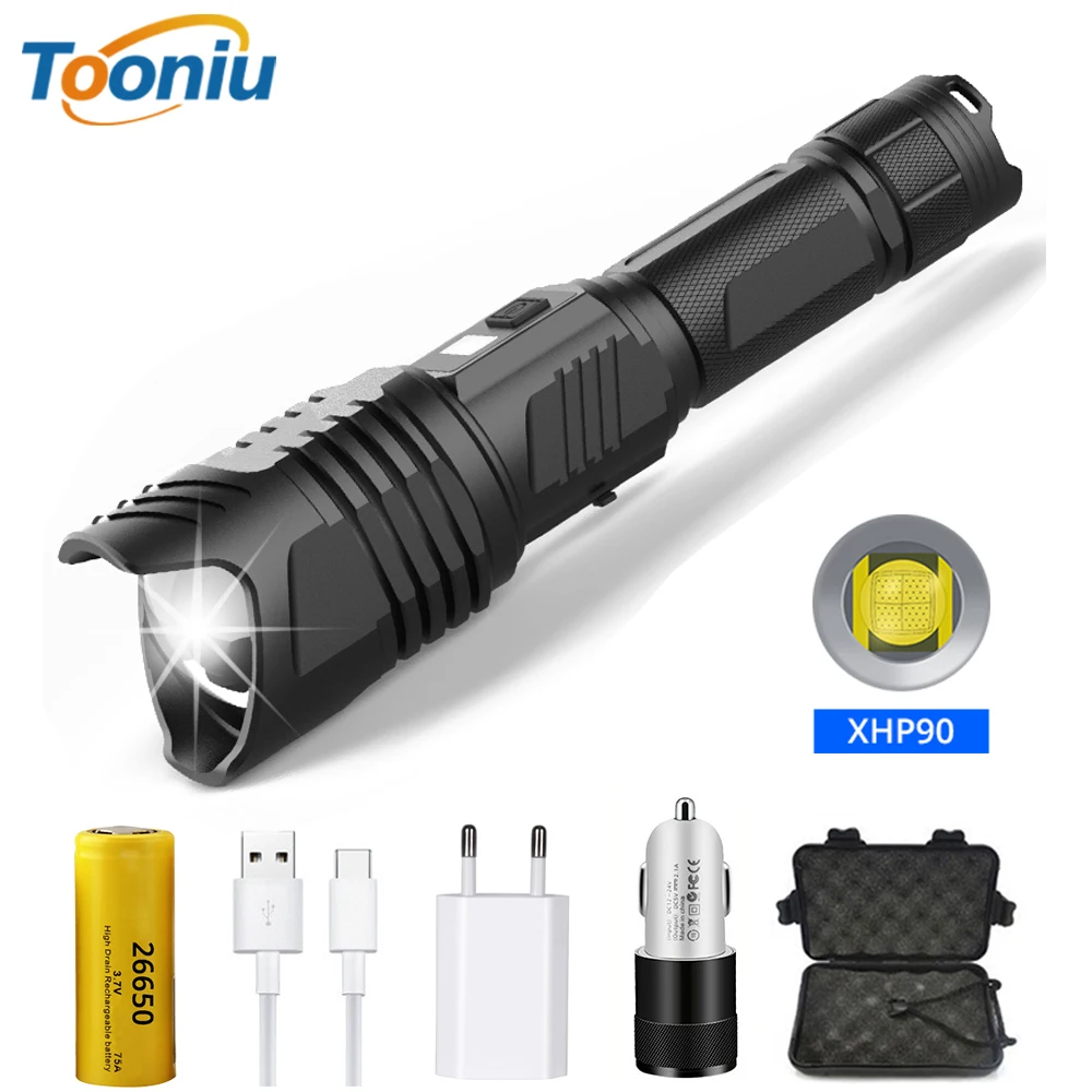 Powerful XHP90 LED Flashlight Brightest High Power Tactical Torch with USB Input&Output Function Waterproof 26650 Outdoor Light