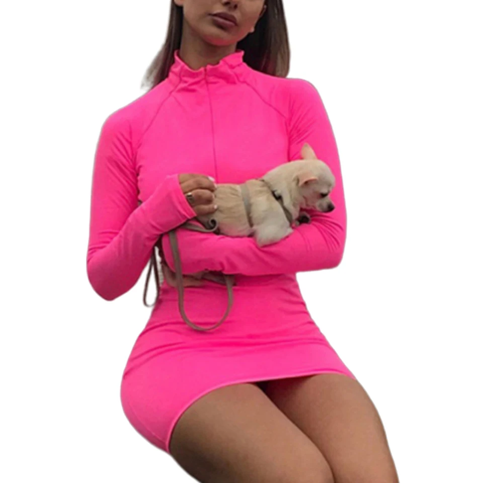 

New Mock High Neck Fluorescent Color Slim Dress Thumb Hole Sukienka Bodycon Quarter Zip Front Dress Neon Women Robe Femme 2019