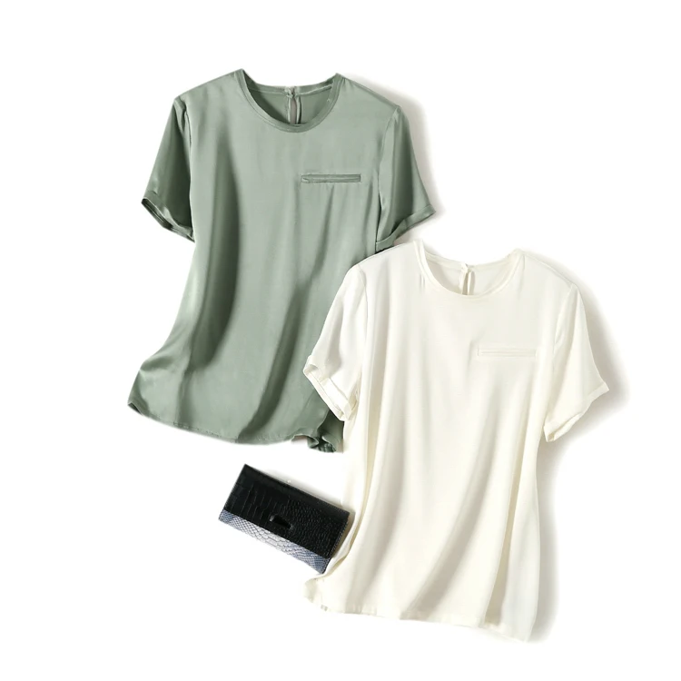 SuyaDream Women Solid T Shirt 100%Silk Satin O Neck Short Sleeves Chic Shirt 2021 Spring Summer White Silk Top