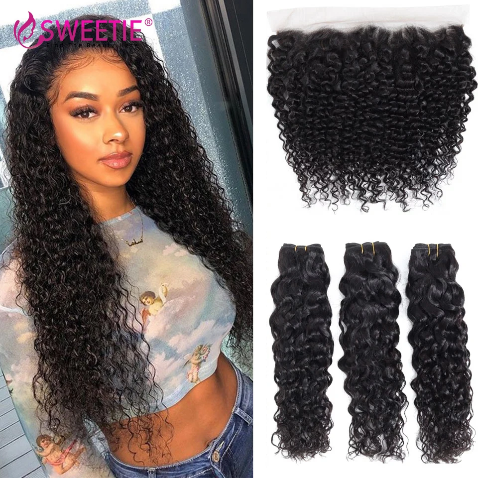Photo Product Sweetie Water Wave Bundles With Frontal Closure Brazilian Human Hair Weave 3 or 4 Bundles Remy Lace Frontal Closure With Bundles