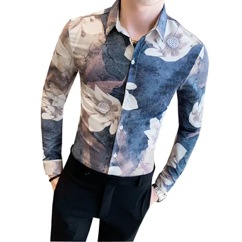 

Heren Hemden Retro Print Shirt Men Long Sleeve Shirt Autumn Male Flower Shirt Printing Korean Clothes Men Vetement Homme Outfit