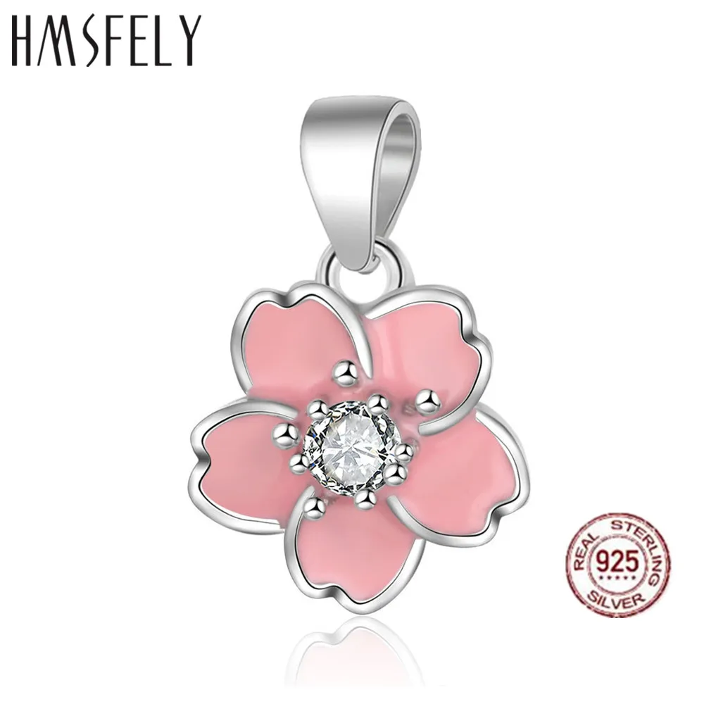 

HMSFELY 925 Sterling Silver Pink Flower Zirconia Pendant DIY Charm Bracelets Accessories Dangles For Necklace Jewelry Making