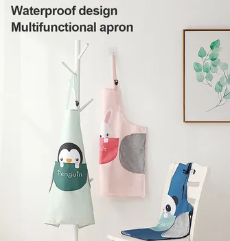 

Cartoon Animal Print Waterproof Apron Kitchen Cooking And Washing Dishes Anti-oil Big Pocket Housework Apron Kitchen Cleaning