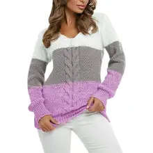 

Stylish V Neck Knitted Top Skin-friendly Long Sleeve Pullover Color Block Knitted Jumpers Women Knitwear Sweater for Daily Wear