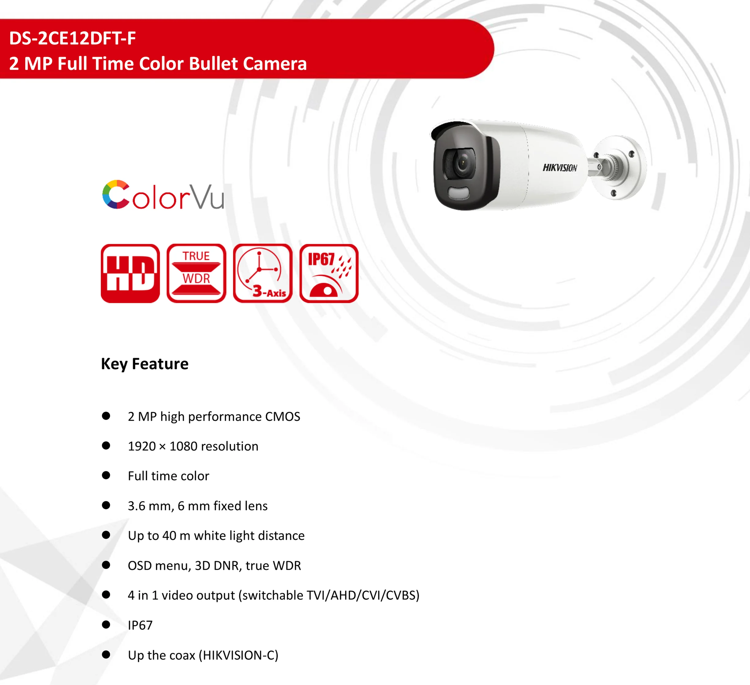 

Hikvision DS-2CE12DFT-F 2MP Full Time color ColorVu Bullet cctv Camera turbo HD TVI bullet camera 40m white light distance IP67