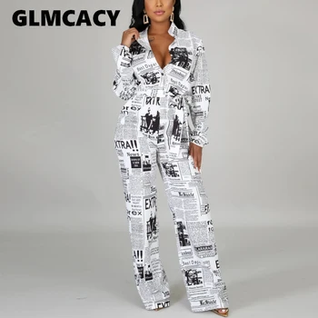 

Women Spring Summer Newspaper Letter Print Blouses Shirts & Pencil Pants Suit Two Piece Set Vintage Tracksuit Outfit