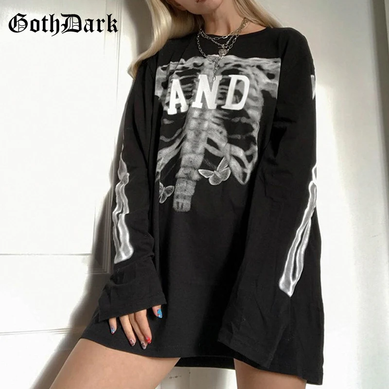 

Goth Dark Punk Style Skeleton Graphic Printed Gothic Sweatshirts Oversize Black Hip Hop Pullovers Women Long Sleeve Couple Wear
