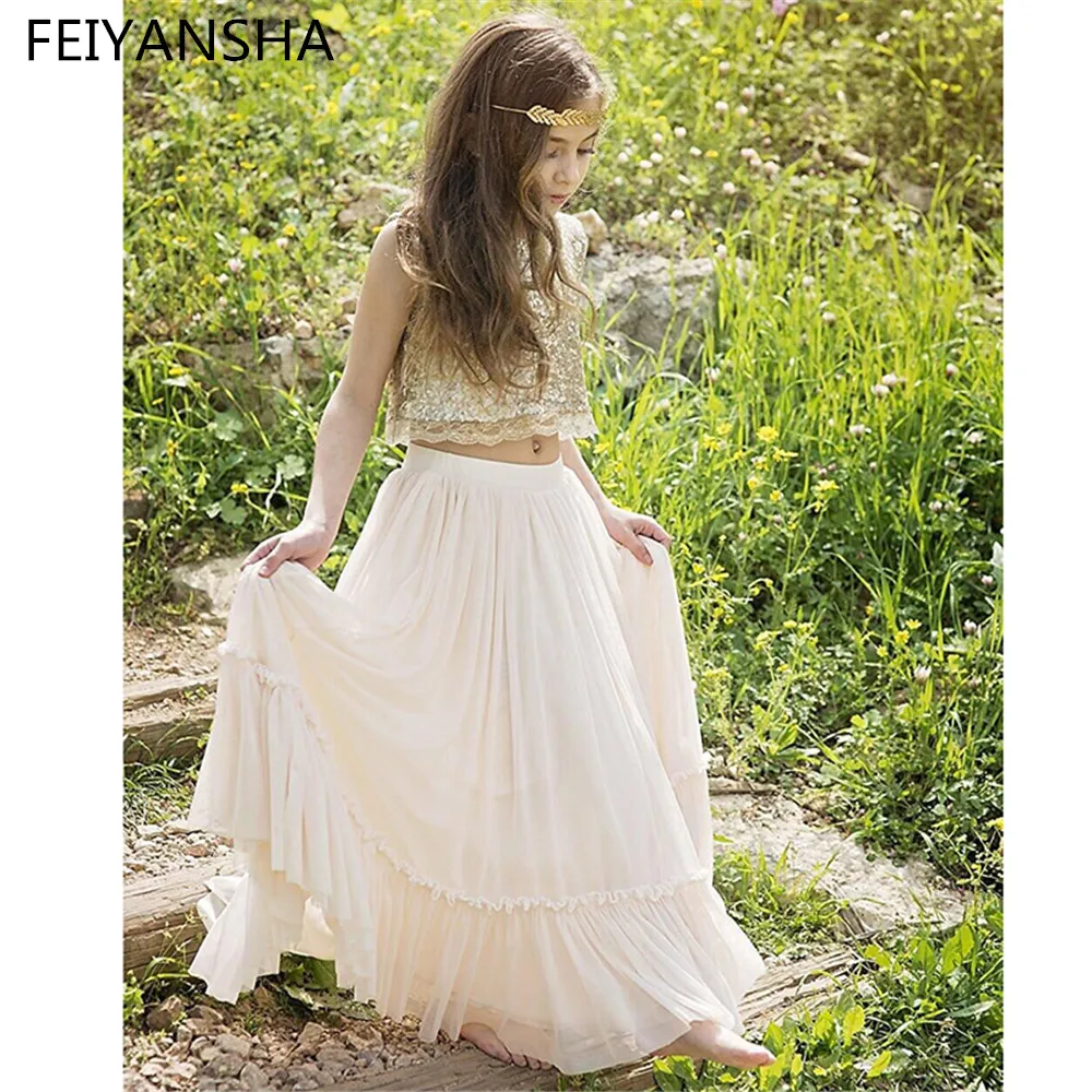 Платья с золотыми блестками и цветочным узором для девочек Vestidos daminha A Line, Детские вечерние пышные платья с бусинами, платья для первого причастия для девочек