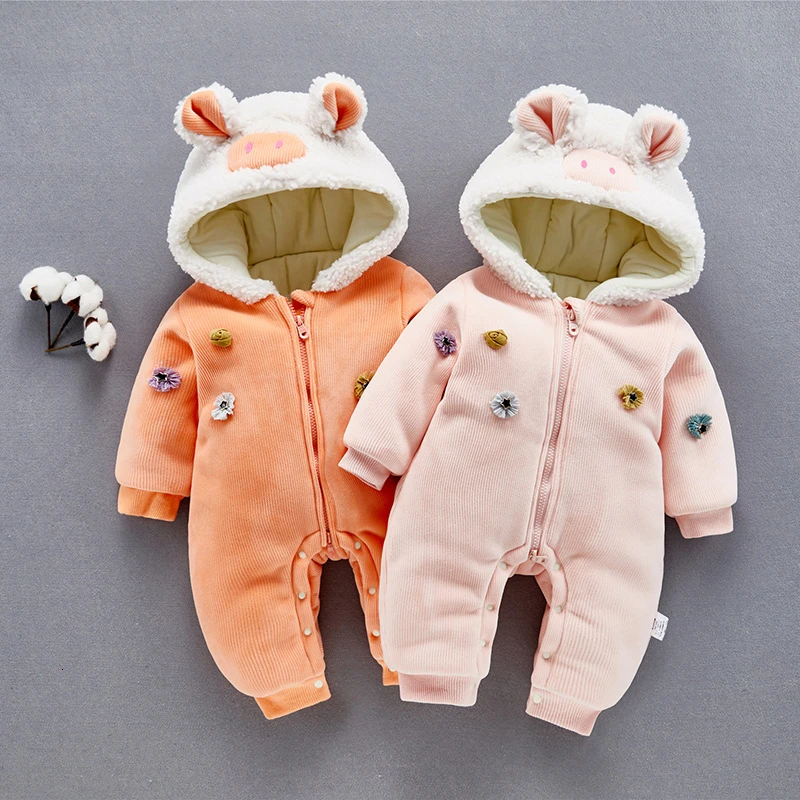 

2019 Baby onesie winter Girls jumpsuits Keep Warm Cotton Clip Thickening Newborn Clothing Single Breasted Clothes 9-24 months