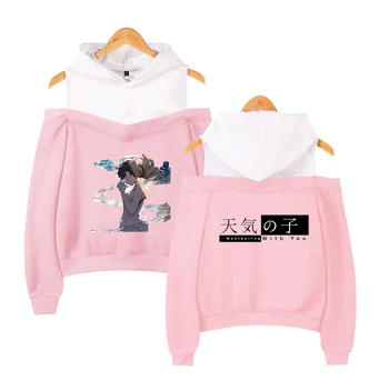 

Weathering with you print Casual Basic cool off shoulder Hoodies Sweatshirt fashion hip hop Street Popular Sexy Hoodies Women