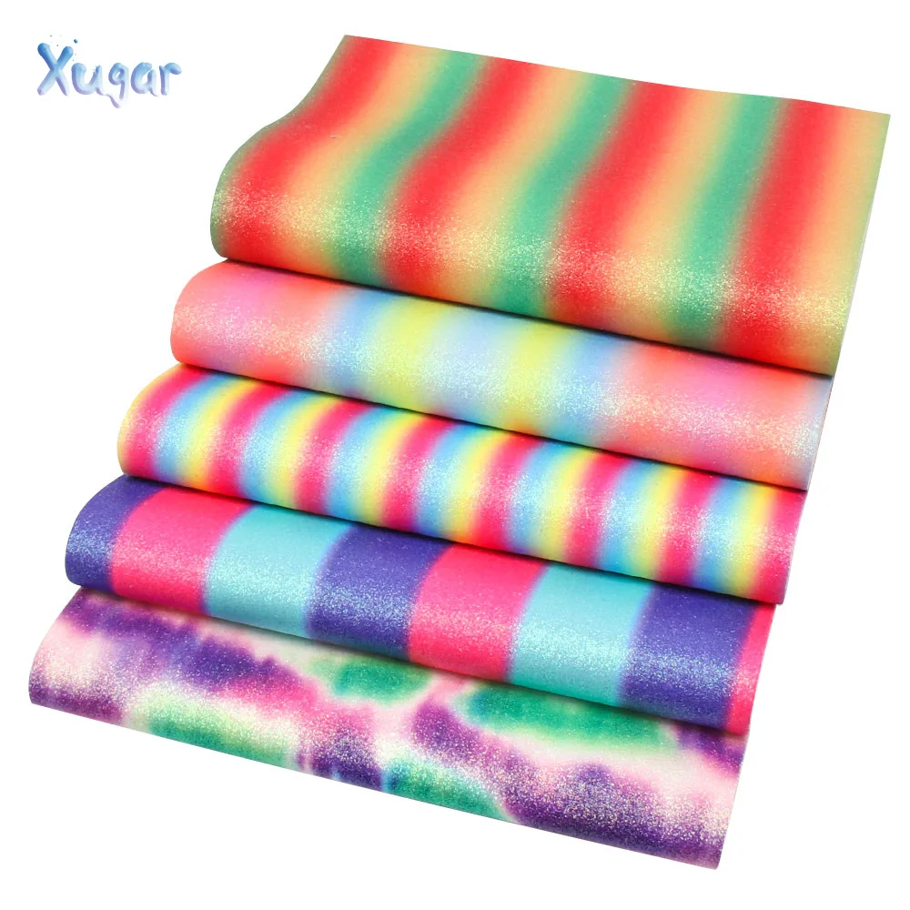 

Xugar 5pcs/Set 22*30cm Rainbow Iridescence Chunky Glitter Faux Synthetic Leather Fabric,DIY HairBows Bags Accessories Materials