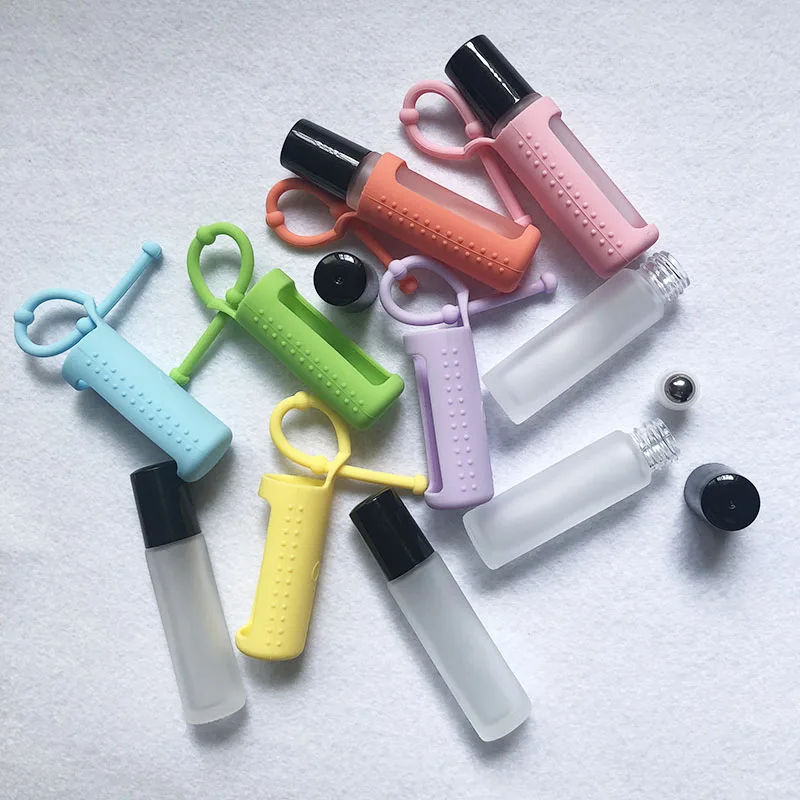 

6PCS 10ml empty roll on bottle clear frosted thick essential oil roller bottle with silicone sleeve protector