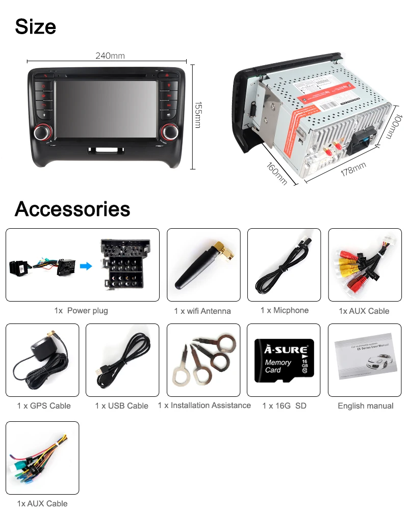 Perfect A-Sure 7 Inch 2 Din 4 Core 32G Android 9.0 Auto Radio Car Stereo DVD Player GPS Sat Nav Navigation For Audi TT MK2 DAB+ 4G+ WIFI 30