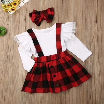 9M 5Years Toddler Kid Girls Christmas Clothing Set Lace Ruffles Tops Plaid Skirts Red Dress