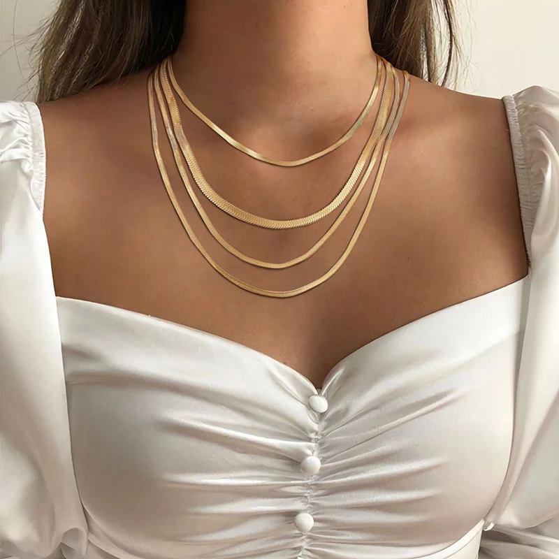 Snake Necklace Men,Gold Color Flat Snakes Chain Necklaces Layering Simple Herringbon Link Choker Men Women Jewelry 38cm - 60cm