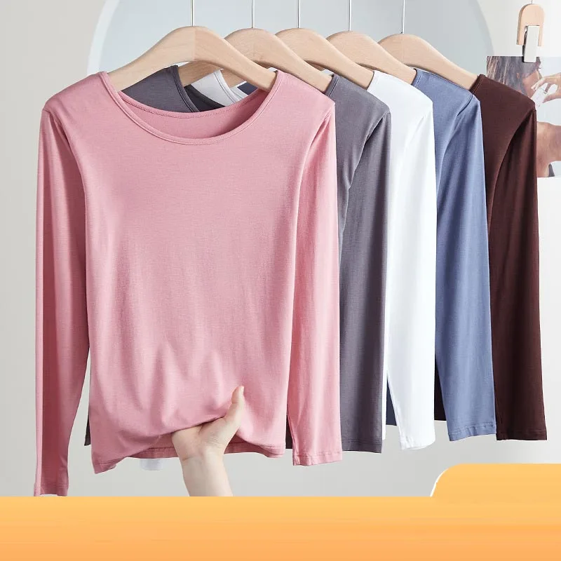 Korean Fashion Cotton Long Sleeve Solid T-shirt Women High Stretch Slim Tops Spring Autumn Skinny Basic Bottoming Tshirt Tight long sleeve t shirts