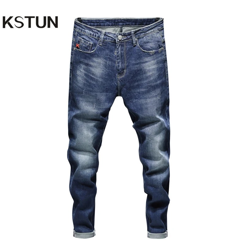 Men Jeans Long-Trousers Spring Denim Pants Slim-Fit Stretch Embroidered Blue Designer