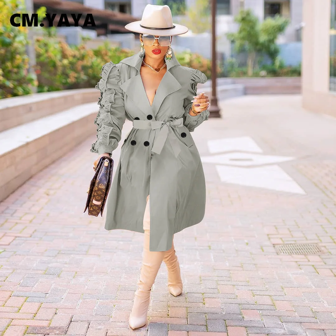 YAYA-gabardina de manga larga fruncida para mujer, vestido largo clásico con volantes y botones dobles, ropa de calle con cuello con muescas, para invierno y primavera