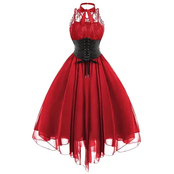 

2020 Gothic Bow Party Dress Women Vintage Black Sleeveless Cross Back Lace Panel Corset Swing Dress Robe Vestidos Femme