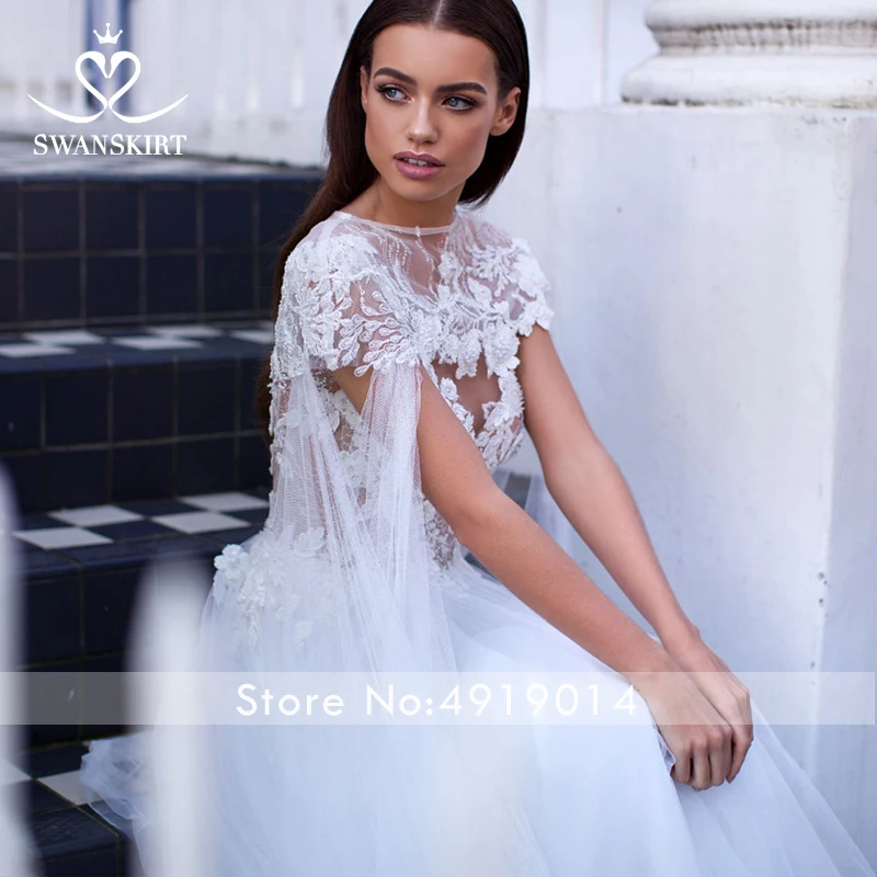 Аппликации Кружева Свадебное платье Swanskirt I161 съемный жакет А-силуэт бисером принцесса свадебное платье Иллюзия Vestido de Noiva