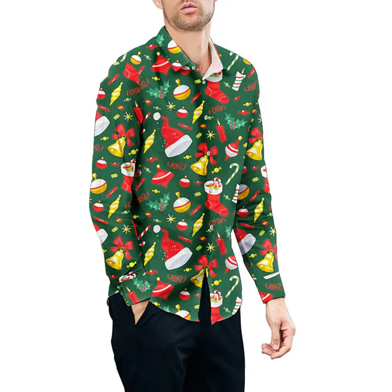 Мужские рубашки с рождественским принтом Санта Клауса, рубашки унисекс с длинным рукавом, Повседневные Вечерние рубашки с тропическими Гавайскими пуговицами