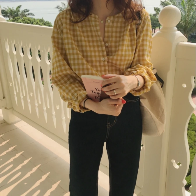 Yellow Shirt with Long Lantern Sleeve Plaid Shirts V-Neck Women Korean Fashion Work Shirt Elegant Office Ladies Casual Tops