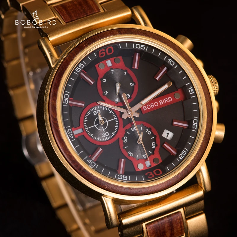 Relojes hombre BOBO BIRD деревянные мужские часы хронограф военный секундомер показ даты