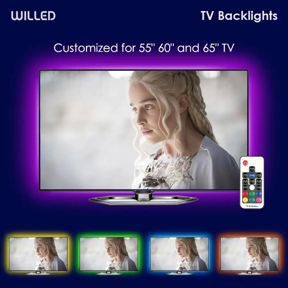 Светодиодная подсветка ТВ Беспроводной USB свет для 55 ''полоса RF RGB для 55 60 65 дюймов 12,6 футов индивидуальные огни комплект монитор светильник