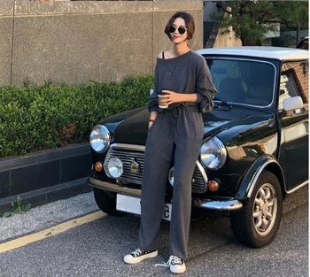 

Two Piece Set Pullover Sweater Tracksuit Women High Waist Knit Wide Leg Pants Women Suit 2 Piece Set Women Spring 2020