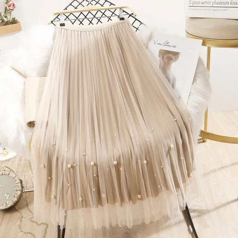 

2023 Spring Autumn New Tulle Midi Skirt Women Casual Beading Tulle A-Line Skirt Lady Elastic High Waist Pleated Mesh Party Skirt