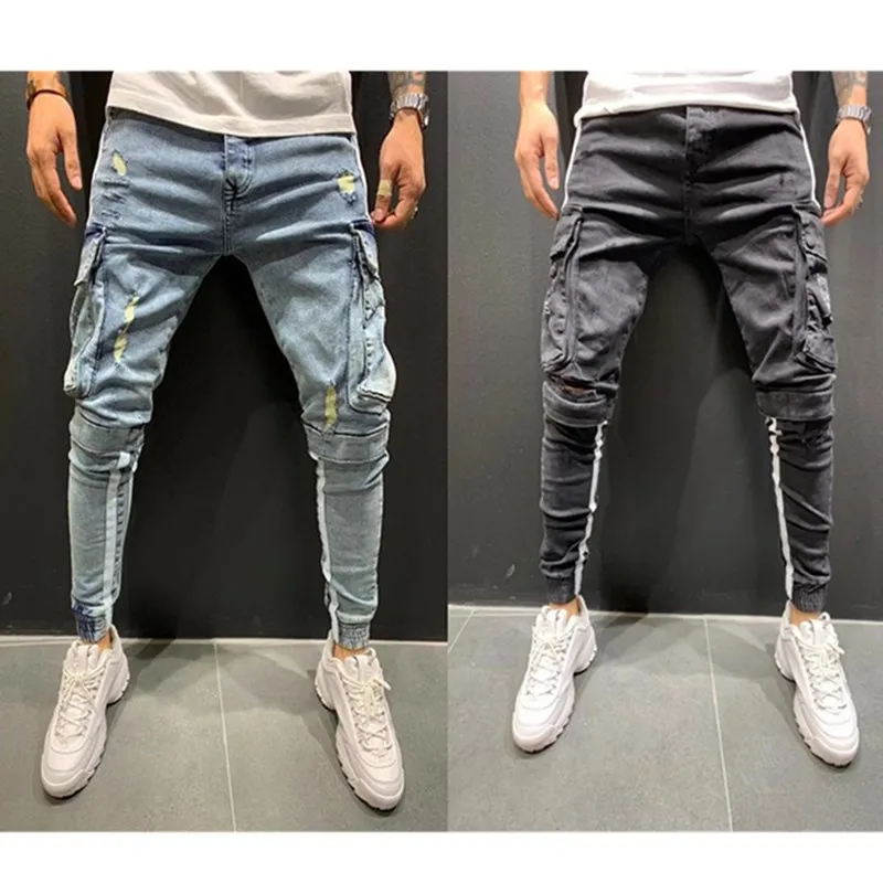 Pantalones vaqueros a rayas laterales para hombre, pantalón estilo Hip-hop, multibolsillos, ajustados, para correr