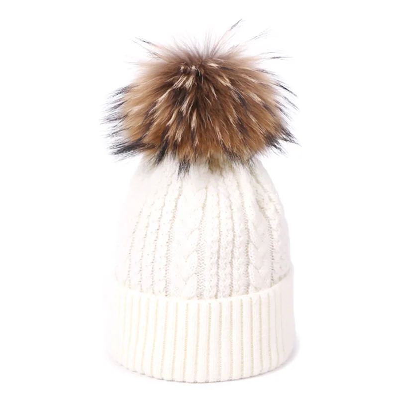 D Winter Pompon Hat Winter Warm Knitting Outdoor Beanie Hat For Women Real Fur Pom Pom Caps Plus Velvet Windproof Thick Caps - Цвет: D