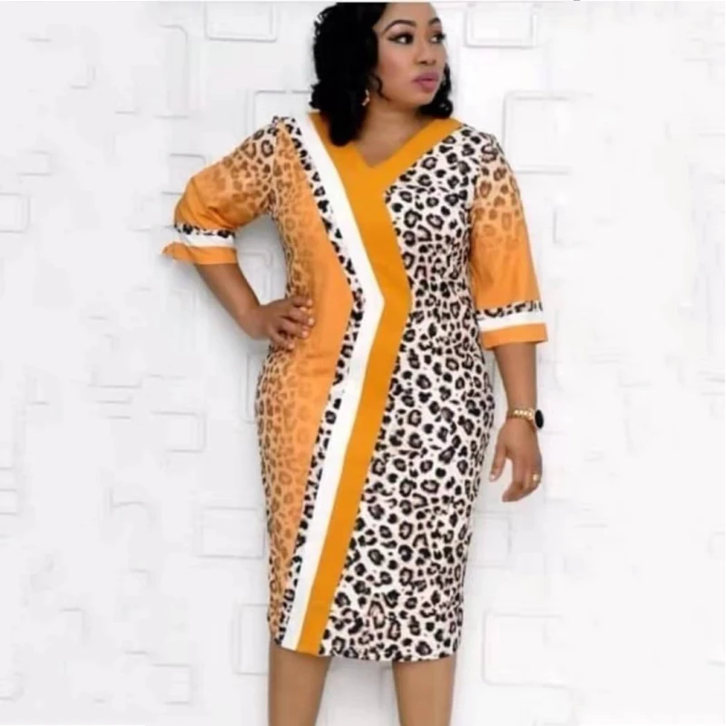 

Spring Autumn Office Ladies Midi Dress African Style Women Dresses V-Neck 3/4 Sleeve Bodycon Female Work Wear Vestidos Dress