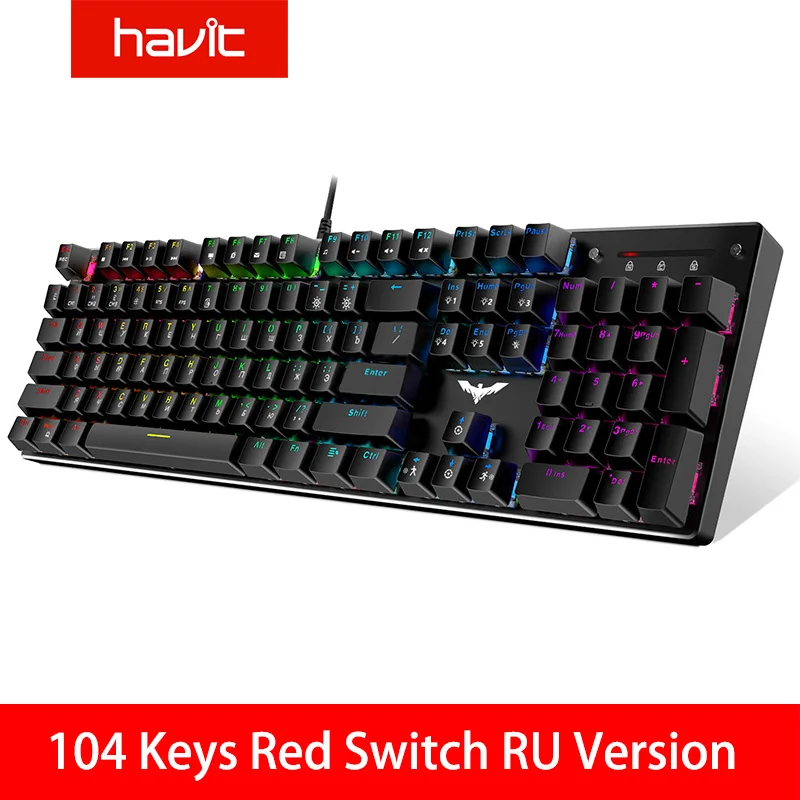 HAVIT Gaming Mechanical Keyboard 87/104 keys USB Wired keyboard Blue/Red Switch Backlit Keyboard US/Russian Version - Цвет: 104 Red RU