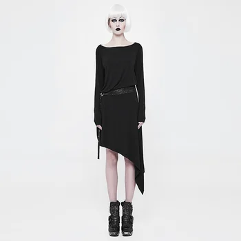 

PUNK RAVE Women's Punk Daily Dress Knit One Word Collar Loose Irregular Hem Long Sleeve Women Dress