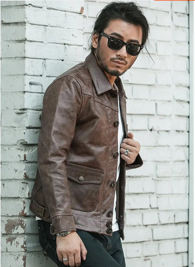 Perfect 2019 Dark Brown Men Japan Style Short Casual Leather Jacket Plus Size 3XL Genuine Cowhide Autumn Slim Leather COat FREE SHIPPING 2