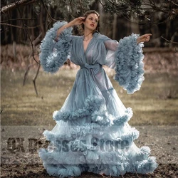 Elegant Organza Tiered Ruffled Formal Evening Dress For Women Night Sky Blue A-line Bow Party Dress With Floor Length Gown