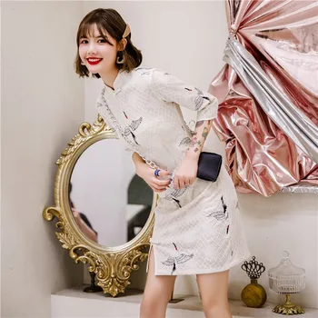 

Sexy Lace Lady Qipao Chinese Traditional Classic Fiying Crane Cheongsam Vintage Mandarin Collar Dress Novelty short Vestidos