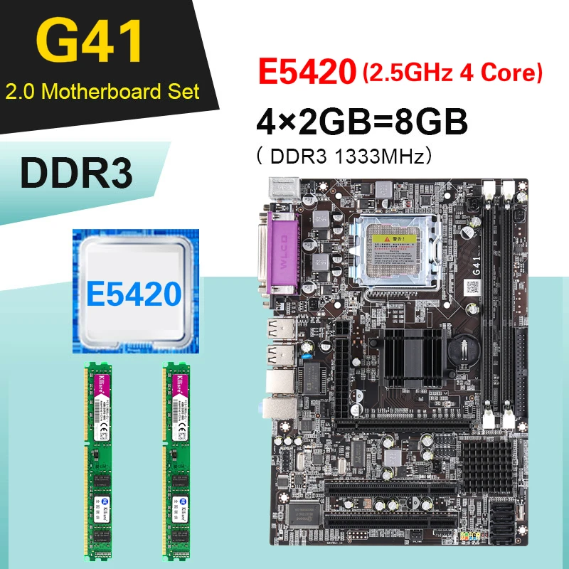Комплект материнской платы Kllisre G41 процессор Xeon E5420 LGA 771 2 шт. X 4 ГБ = 8 Гб память DDR3 1333