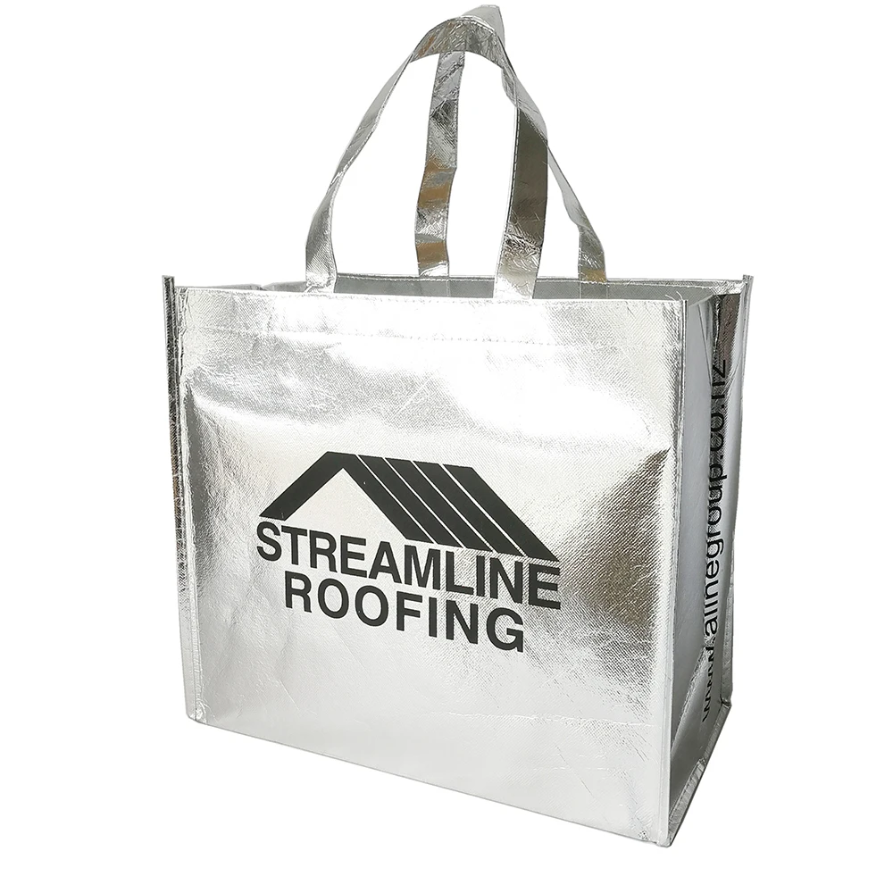 

Reusable Gift Box Bags with Handles Personalized Silver Metallic Shinning Non Woven Packaging Handled Grocery Bag Party Favors